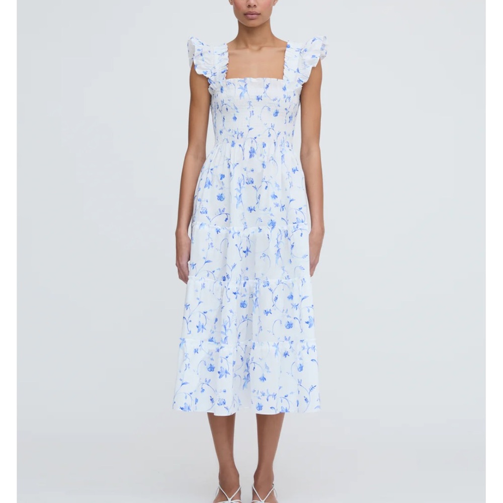 Hill House White Dress with Blue Floral Print